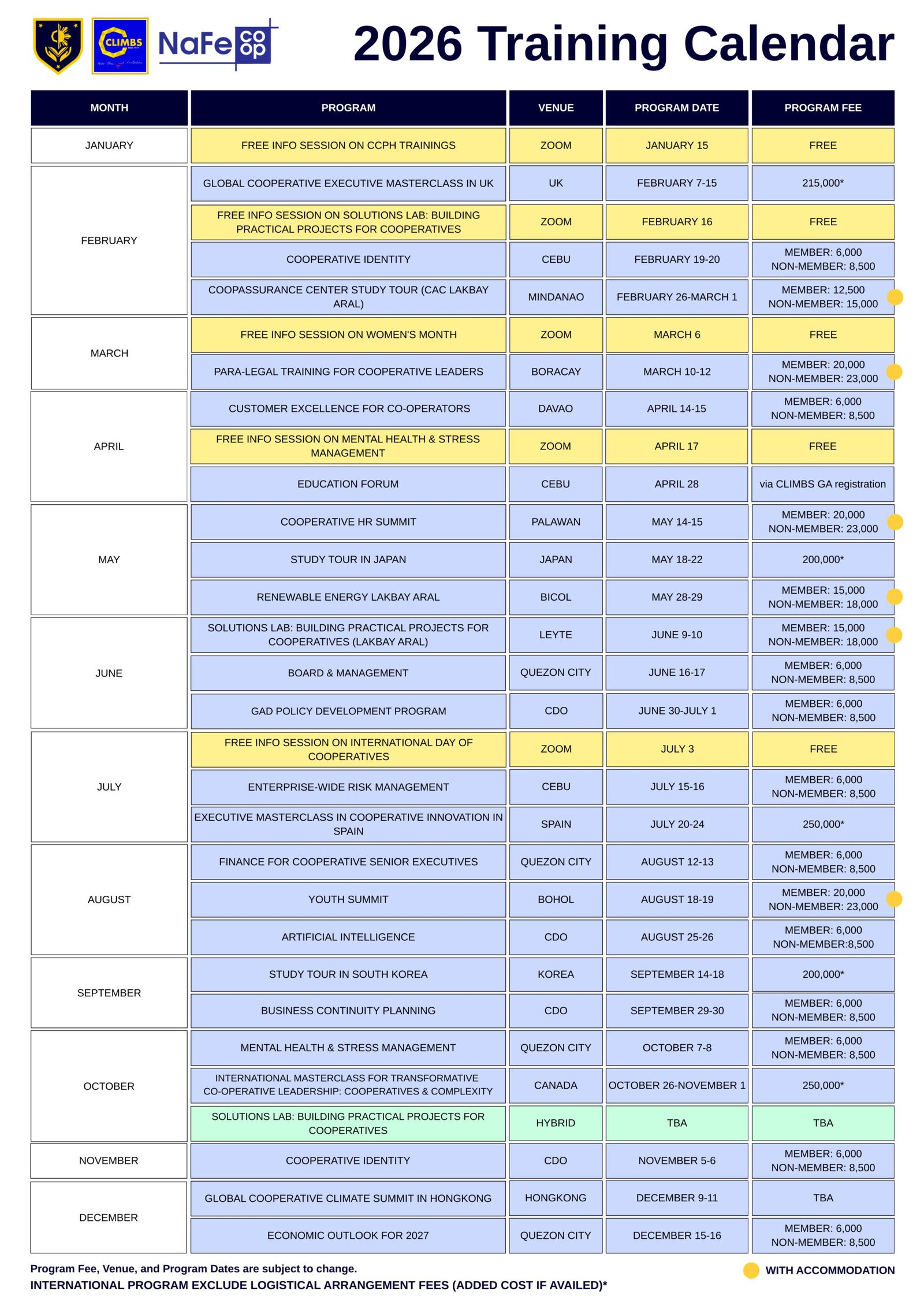 2026 Training Calendar